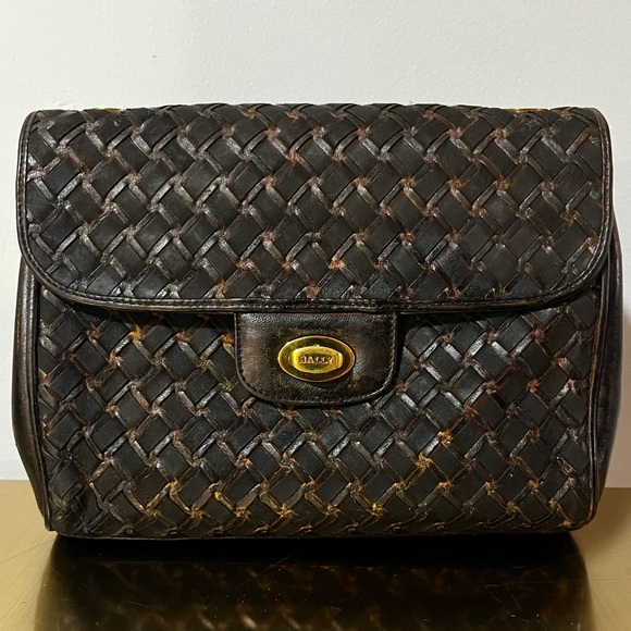 Bally Vintage Woven Leather Clutch Black Gold Turn Lock Italy